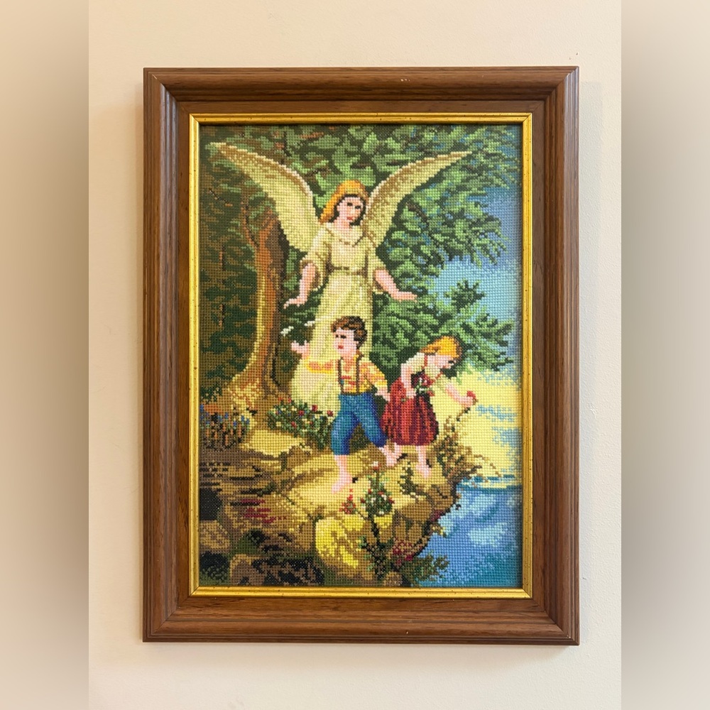 Vintage Children with Guardian Angel Cross Stitch, Framed Religious Art Artwork